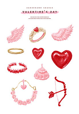 PSD 디자인 기념일 꽃 분홍색 컬러 패턴 날개 일러스트 목걸이 장신구 발렌타인데이 선물 사랑 장식 빨간색 하트 반지 오브젝트 손그림 아이템 엘리먼트 국내일러스트 모양 식물 감정 무늬 데이이벤트 이벤트 파일형식