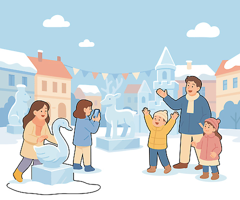 자연요소 계절 감정 컨셉 겨울 관계 말하기 사람 풍경 조형물 축제 파일형식 벡터 얼음 조각 가족 성인 즐거움 모션 광장 어린이 소통 조각상 겨울풍경 야외 놀이 대화 행복 일러스트 국내일러스트 AI파일 겨울축제
