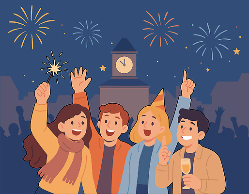 감정 다수 컨셉 겨울 놀이 사람 이벤트 신체부위 탑 축제 새해인사 야간 파일형식 벡터 새해 여러명 불꽃놀이 시계탑 기쁨 기념일 모임 파티 즐거움 해피뉴이어 소리 손 축하 음료 연말 저녁 컬러 하늘 일러스트 국내일러스트 AI파일 겨울축제