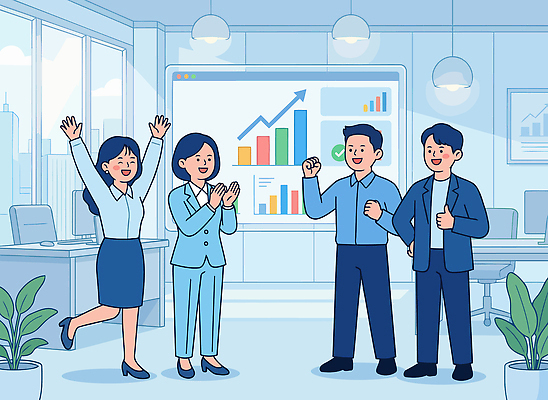 컨셉 비즈니스 표정 손짓 신체부위 사무용품 작업 파일형식 벡터 사무실 직원 축하 프로젝트 성공 손 박수 미소 협력 회의 발표 그래프 서류판 분위기 업무 개발 목표 성장 일러스트 국내일러스트 AI파일