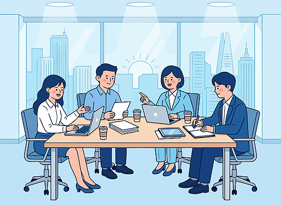 음료 다수 회사 비즈니스 관계 말하기 사람 전자제품 파일형식 벡터 회의 여러명 사무실 컴퓨터 협력 도시 문서 작업 회의실 의견 대화 창문 풍경 커피 오후 직장 동료 토론 일러스트 국내일러스트 AI파일