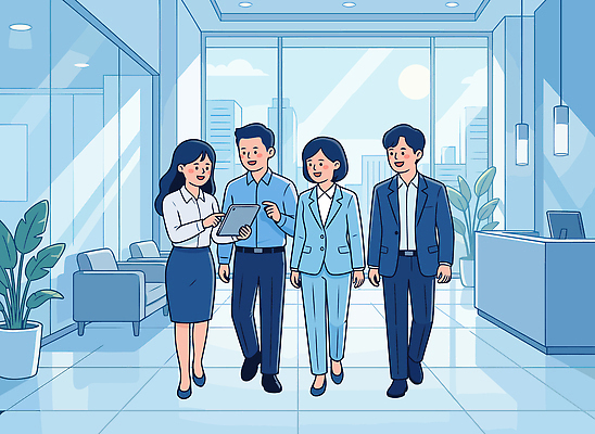 생활용품 회사 비즈니스 모션 말하기 사람 내부 전자제품 스마트기기 작업 파일형식 벡터 사무실 대화 태블릿 걷기 모던 가구 창문 빛 협력 직장 실내 공간 회의 업무 남자 여자 일러스트 국내일러스트 AI파일