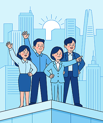 자연요소 시선 감정 다수 컨셉 회사 모션 사람 건물 신체부위 파일형식 벡터 도시 여러명 태양 빌딩 포즈 손 함께함 일어나기 직장 소통 협력 기쁨 천천히 하늘 백그라운드 만남 응시 일러스트 국내일러스트 AI파일 비즈니스