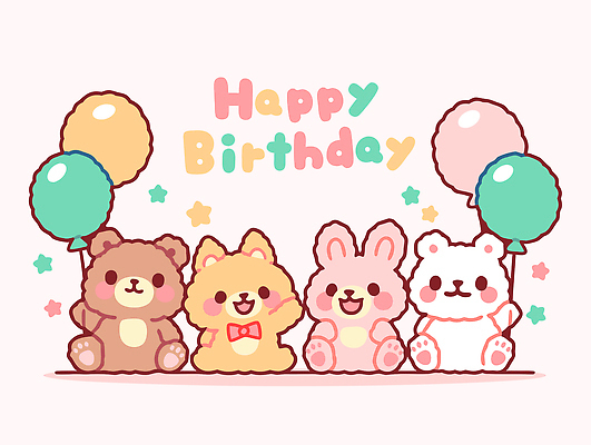 동물 캐릭터 기념일 분홍색 컬러 일러스트 곰 웃음 친구 노란색 귀여움 모임 축하 토끼 생일 즐거움 여우 풍선 국내일러스트 AI파일 감정 컨셉 포유류 관계 표정 이벤트 반려동물 파일형식 벡터