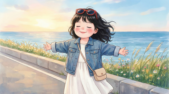 JPG 수영복 꽃 행복 길 어린이 바다 일러스트 자연 바람 웃음 해변 여름 태양 소풍 머리카락 일몰 기쁨 자유 오후 수평선 국내일러스트 AI일러스트 AI콘텐츠 자연요소 식물 옷 계절 감정 컨셉 날씨 표정 사람 야외활동 머리 노을 생태계 파일형식