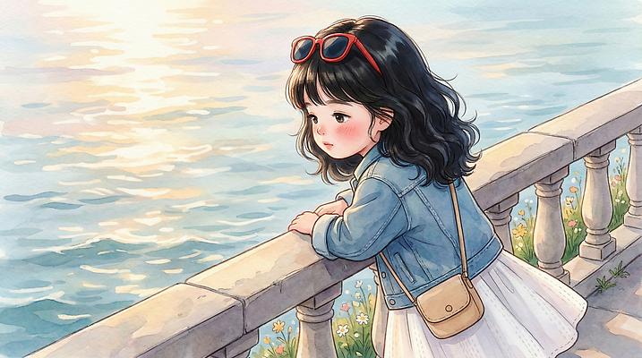 JPG 옷 벽 포즈 생각 가방 일러스트 장신구 자연 풍경 소녀 해변 일상 물 여름 반짝임 태양 기댐 물가 작음 옷입기 국내일러스트 AI일러스트 AI콘텐츠 자연요소 잡화 계절 여자 어린이 바다 모션 라이프 크기 생태계 파일형식