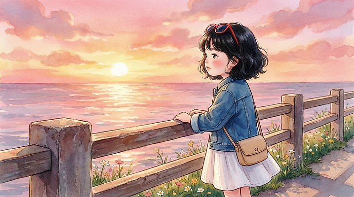 JPG 바다 컬러 여행 일러스트 난간 자연 하늘 풍경 소녀 해변 물 여름 반짝임 노을 일몰 산책 저녁 즐거움 수평선 국내일러스트 AI일러스트 AI콘텐츠 자연요소 계절 여자 감정 어린이 모션 휴식 야간 생태계 파일형식