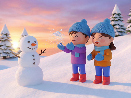 JPG 나무 편집이미지 행복 어린이 겨울 눈사람 놀이 웃음 일몰 눈 즐거움 겨울방학 겨울풍경 편집3D AI컴퓨터그래픽 AI콘텐츠 자연요소 식물 계절 감정 날씨 방학 표정 사람 풍경 3D 노을 파일형식