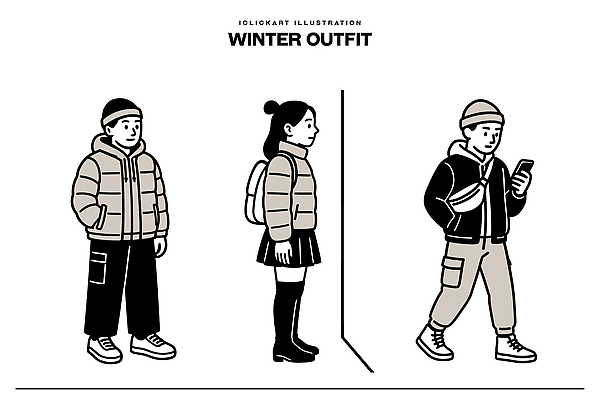 잡화 옷 계절 패션 겨울 하의 사람 외투 등하교 신조어 파일형식 벡터 스타일 남자 여자 등교 외출 가방 신발 안경 스포츠 캐주얼 따뜻함 점퍼 치마 일러스트 국내일러스트 AI파일 오오티디 겨울옷