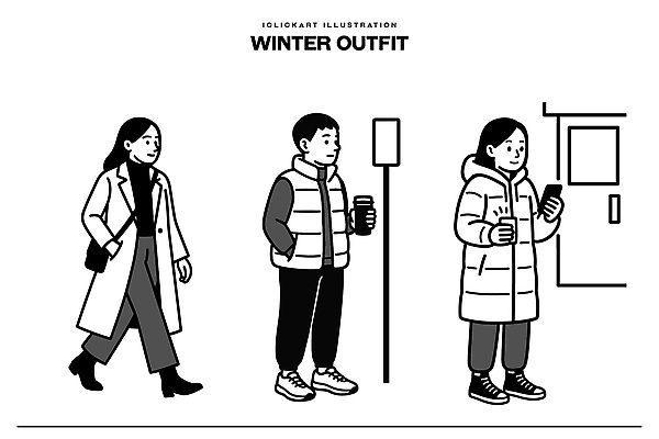 옷 계절 패션 음료 겨울 교통시설 모션 전자제품 신조어 파일형식 벡터 외출 사람 길 기다림 역 핸드폰 커피 스타일 도시 날씨 걷기 대기 상점 거리 일러스트 국내일러스트 AI파일 오오티디 겨울옷
