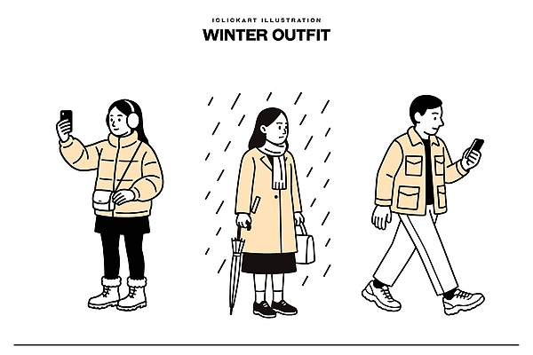 잡화 옷 계절 패션 상의 겨울 모션 하의 점퍼 신조어 파일형식 벡터 사람 전화기 우산 걷기 셔츠 바지 귀마개 신발 패딩 도시 외출 이미지 디자인 스타일 일러스트 국내일러스트 AI파일 오오티디 겨울옷
