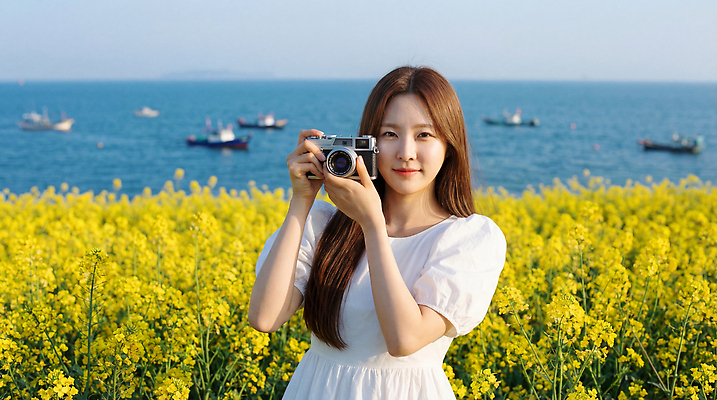 JPG 편집이미지 여자 바다 여행 꽃밭 모션 자연 하늘 풍경 해변 여름 제주도 노란색 카메라 촬영 유채 의료성형뷰티 편집실사 AI인물포토 AI콘텐츠 계절 꽃 컬러 한국 사람 전자제품 CG 생태계 파일형식 AI포토