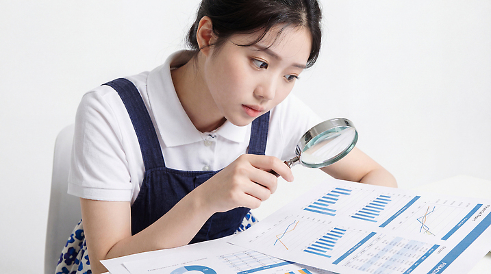 JPG 편집이미지 여자 탁자 그래프 실험 사무실 자료 정보 집중 분석 검사_조사 문서 확대경 서류판 의료성형뷰티 편집실사 AI인물포토 AI콘텐츠 가구 컨셉 비즈니스 사람 사무용품 CG 파일형식 AI포토