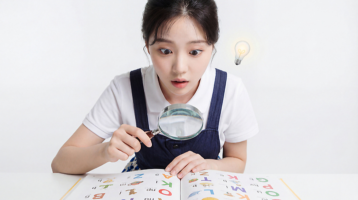 JPG 편집이미지 문자 학생 교육 안경 책 학습 독서 놀람 탐험 호기심 확대경 발견 소통 의료성형뷰티 편집실사 AI인물포토 AI콘텐츠 잡화 감정 컨셉 표정 CG 파일형식 AI포토