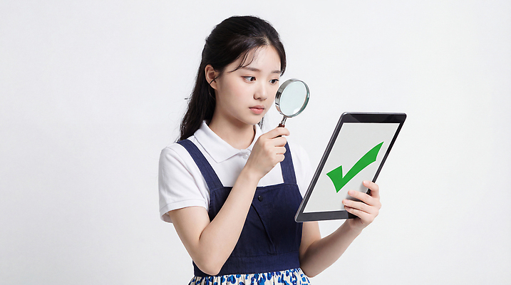 JPG 편집이미지 손 표시 기술 표정 소녀 학습 태블릿 스크린 흰색 작업 집중 체크표시 확인 확대경 의료성형뷰티 편집실사 AI인물포토 AI콘텐츠 여자 교육 어린이 컬러 컨셉 신체부위 전자제품 스마트기기 CG 파일형식 AI포토