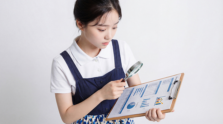 JPG 편집이미지 통계 그래프 실험 소녀 학습 숫자 자료 정보 관찰 집중 분석 확대경 서류판 의료성형뷰티 편집실사 AI인물포토 AI콘텐츠 문자 여자 교육 어린이 컨셉 모션 사무용품 CG 파일형식 AI포토