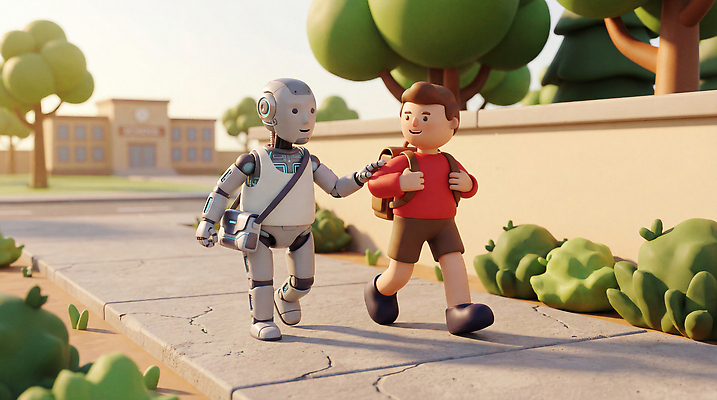 JPG 편집이미지 캐릭터 디자인 길 가방 학교 소년 친구 학습 걷기 로봇 외출 장면 소통 동반 편집3D AI컴퓨터그래픽 AI콘텐츠 잡화 교육 남자 어린이 컨셉 관계 모션 3D 파일형식