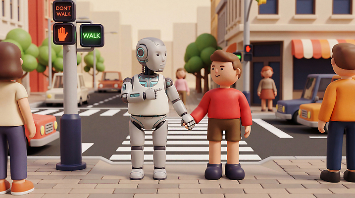 길 육상교통 다수 컨셉 교통시설 모션 사람 3D 파일형식 로봇 어린이 거리 신호등 손잡기 보행자 도로 도시 여러명 교통 자동차 안전 전자제품 만남 편집3D 편집이미지 JPG