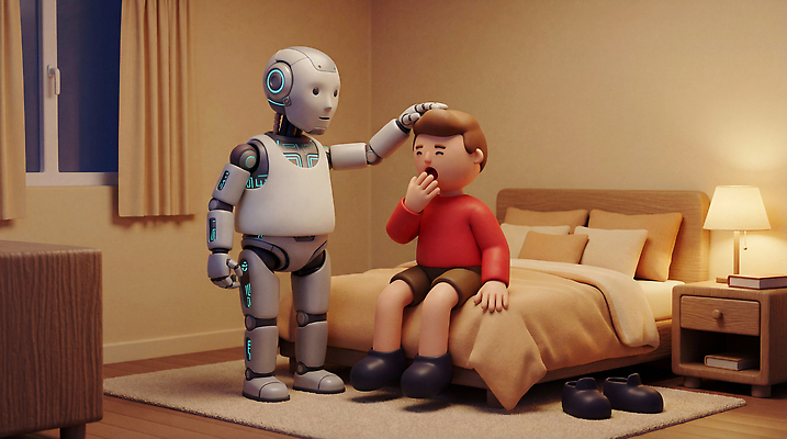 JPG 편집이미지 감정 어린이 가정 아침 조명 기술 일상 환경 방 침대 편안함 로봇 상호작용 편집3D AI컴퓨터그래픽 AI콘텐츠 주간 가구 사람 라이프 3D 감각 파일형식