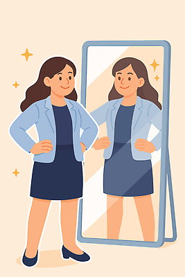 시선 드레스 옷 여자 패션 일러스트 아침 조명 반사 재킷 거울 자신감 의식 만족 준비 격려 평가 설정 스타일 국내일러스트 AI파일 주간 감정 모션 사람 외투 파일형식 벡터