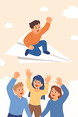 감정 어린이 일러스트 응원 모션 놀이 하늘 협력 웃음 손짓 비행 종이비행기 즐거움 격려 상상력 창의력 국내일러스트 AI파일 표정 사람 종이접기 파일형식 벡터