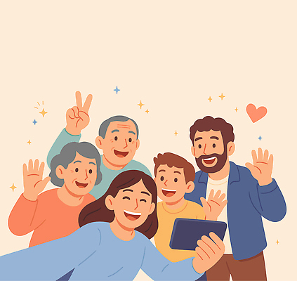 손 행복 얼굴 포즈 일러스트 가족 웃음 여러명 친구 스마트폰 촬영 기쁨 모임 그룹 셀프카메라 즐거움 격려 소통 순간 연락 국내일러스트 AI파일 감정 다수 컨셉 관계 모션 표정 사람 신체부위 핸드폰 스마트기기 사진촬영 파일형식 벡터