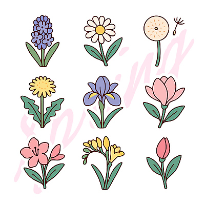 식물 캐릭터 디자인 계절 꽃 컬러 일러스트 자연 생명 풍경 장식 노란색 보라색 봄 들꽃 흰색 꽃집 원예 뷰티풀 국내일러스트 AI파일 취미 상점 생태계 파일형식 벡터
