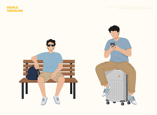 잡화 계절 공공시설 다수 컨셉 의자 모션 사람 전자제품 여행가방 감각 파일형식 벡터 남자 벤치 가방 핸드폰 캐리어 여행 앉기 대기 공원 도시 여러명 이동 짐 여름 편안함 소통 일러스트 국내일러스트 AI파일 여행객