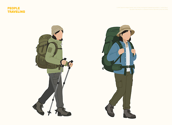 컨셉 가방 관계 레저 사람 생태계 파일형식 벡터 여행 트래킹 배낭 이동 장비 막대기 옷 산 도보 자연 모션 거리 친구 하이킹 탐험 아웃도어 길 도구 장면 일러스트 국내일러스트 AI파일 여행객
