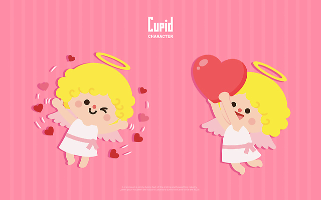 캐릭터 디자인 감정 백그라운드 일러스트 천사 사랑 귀여움 축제 하트 비행 즐거움 심플 큐피드 밝은색 사랑의화살 일러캐릭터 AI파일 모양 컨셉 화살 파일형식 벡터