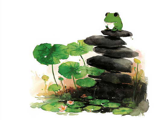 JPG 식물 컬러 일러스트 자연 수채화 연꽃 개구리 환경 수중동물 흙 연못 그리기 수중식물 연잎 그림 조화 경칩 수석 정물화 경관 국내일러스트 AI일러스트 AI콘텐츠 동물 꽃 잎 모션 양서류 풍경 절기 생태계 파일형식