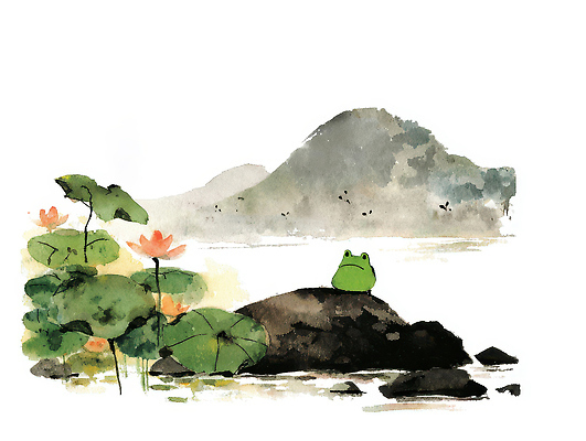 JPG 식물 동물 예술 일러스트 자연 생물 산 연꽃 개구리 풍경 물 여름 연못 색칠 보트 그림 경칩 수련꽃 국내일러스트 AI일러스트 AI콘텐츠 자연요소 계절 꽃 배_교통 양서류 절기 생태계 파일형식