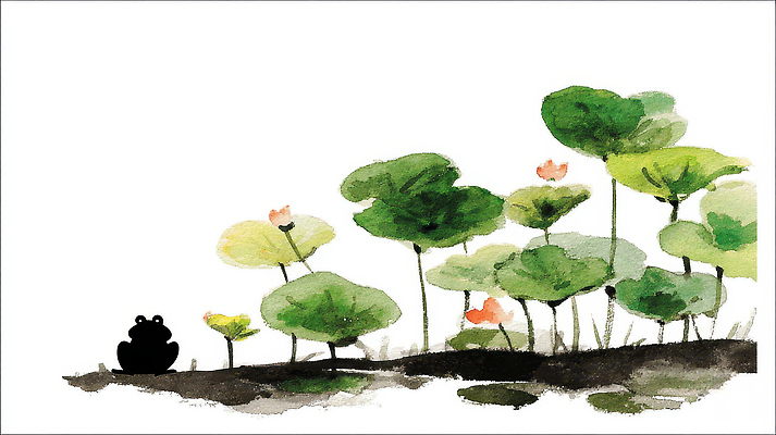 JPG 식물 동물 예술 잎 일러스트 자연 수채화 연꽃 개구리 앉기 초록색 여름 환경 성장 연못 수중식물 그림 생태계 경칩 스타일 국내일러스트 AI일러스트 AI콘텐츠 계절 꽃 컬러 모션 양서류 절기 파일형식
