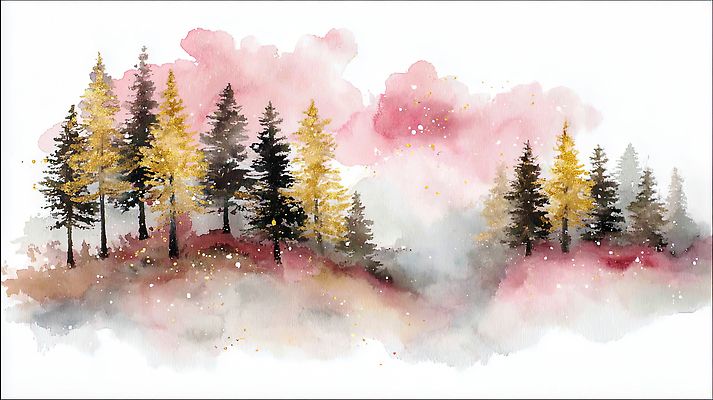 JPG 나무 예술 분홍색 컬러 백그라운드 일러스트 자연 나뭇잎 수채화 산 풍경 금색 안개 그리기 숲 조화 색감 국내일러스트 AI일러스트 AI콘텐츠 식물 잎 모션 날씨 생태계 파일형식
