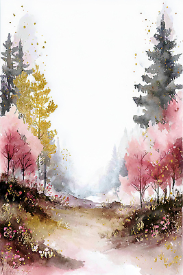 JPG 나무 계절 꽃 컬러 잎 일러스트 자연 하늘 수채화 거리 풍경 고요 봄 안개 숲 멀리 조화 국내일러스트 AI일러스트 AI콘텐츠 식물 날씨 생태계 파일형식