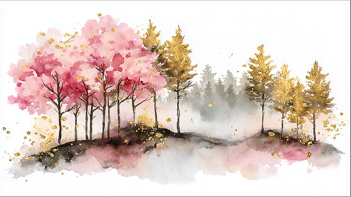 JPG 나무 공원 꽃 예술 분홍색 컬러 잎 일러스트 자연 수채화 밝음 풍경 봄 벚꽃 숲 조경 창의성 국내일러스트 AI일러스트 AI콘텐츠 식물 계절 공공시설 생태계 파일형식