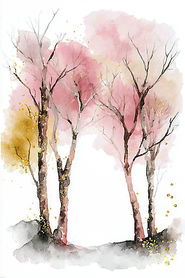 JPG 나무 디자인 꽃 예술 줄기 분홍색 컬러 백그라운드 잎 일러스트 자연 수채화 회화 풍경 장식 노란색 봄 황금 숲 그림 국내일러스트 AI일러스트 AI콘텐츠 식물 계절 말하기 생태계 파일형식