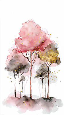 JPG 모양 나무 식물 디자인 예술 분홍색 컬러 백그라운드 일러스트 자연 수채화 풍경 장식 금색 표현 그리기 숲 그림 창작 국내일러스트 AI일러스트 AI콘텐츠 모션 생태계 파일형식