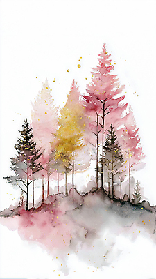 JPG 나무 식물 분홍색 컬러 백그라운드 일러스트 상상 자연 페인팅 수채화 미술 풍경 갈색 노란색 나뭇가지 숲 오브젝트 그림 그라데이션 조화 색채 유화 국내일러스트 AI일러스트 AI콘텐츠 문화예술 생태계 파일형식