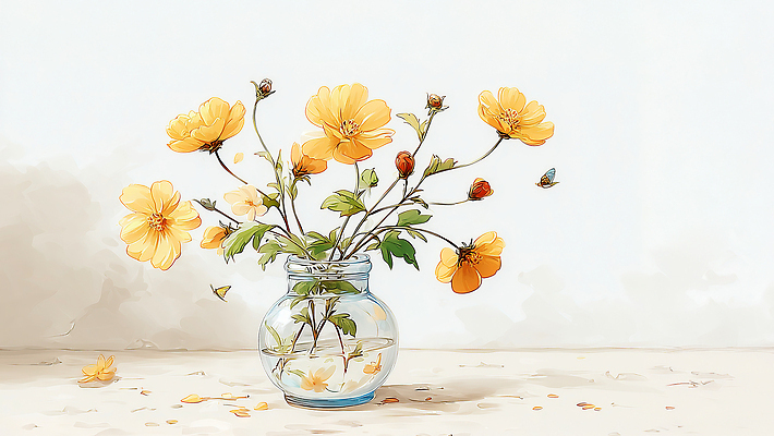 JPG 식물 꽃 화초 줄기 잎 일러스트 자연 탁자 생명 유리병 실내 씨앗 장식 물 여름 노란색 공간 방 주기 장면 국내일러스트 AI일러스트 AI콘텐츠 자연요소 계절 컬러 가구 모션 병_용기 내부 생태계 파일형식