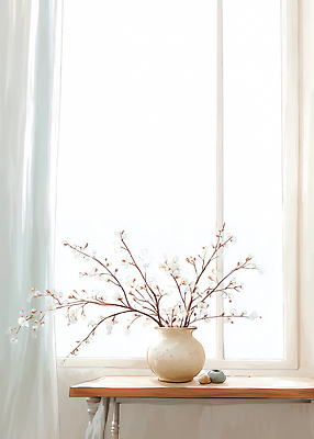 JPG 나무 꽃 일러스트 창문 자연 탁자 주택 실내 일상 장식 빛 꽃병 공간 오브젝트 심플 장면 조화 평면 스타일 국내일러스트 AI일러스트 AI콘텐츠 식물 가구 내부 건물 라이프 생태계 파일형식