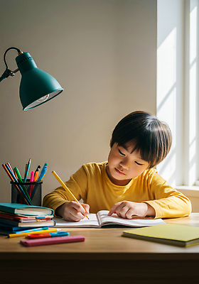 JPG 편집이미지 종이 어린이 학용품 조명 책 학습 연필 펜 노란색 물감 기록 집중 책상 과제 의료성형뷰티 편집실사 AI인물포토 AI콘텐츠 교육 컬러 가구 컨셉 문구용품 사람 필기구 미술도구 CG 파일형식 AI포토