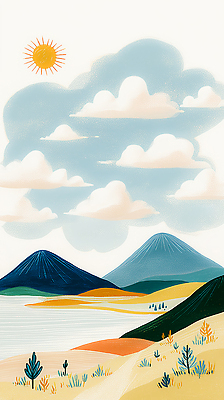 JPG 나무 식물 여유 컬러 일러스트 자연 하늘 산 풍경 물 여름 태양 평화 일출 골짜기 일몰 그림 파스텔 비경 국내일러스트 AI일러스트 AI콘텐츠 자연요소 계절 감정 컨셉 학용품 노을 생태계 파일형식