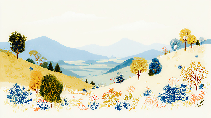JPG 나무 식물 일러스트 자연 하늘 나뭇잎 산 국립공원 풍경 초원 초록색 여름 원근감 들꽃 숲 땅 지평선 파스텔 국경 국내일러스트 AI일러스트 AI콘텐츠 계절 공원 꽃 뷰포인트 컬러 잎 학용품 생태계 파일형식