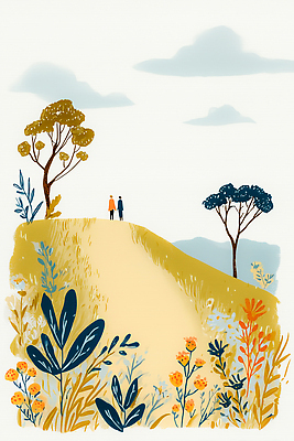 JPG 나무 계절 꽃 길 컬러 일러스트 자연 하늘 거리 사람 풍경 초원 초록색 여름 산책 농촌 언덕 그림 조경 파스텔 국내일러스트 AI일러스트 AI콘텐츠 식물 휴식 학용품 시골 생태계 파일형식