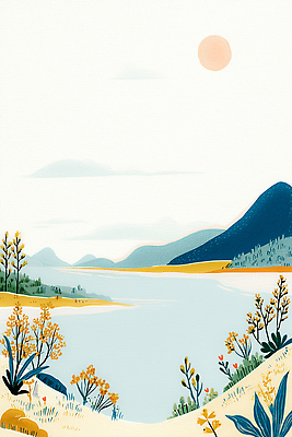 JPG 나무 식물 꽃 호수 일러스트 자연 하늘 날씨 산 풍경 초원 물 여름 노란색 일출 일몰 대기 수면 생태계 파스텔 국내일러스트 AI일러스트 AI콘텐츠 자연요소 계절 컬러 학용품 노을 파일형식