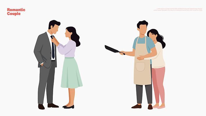 커플 여자 남자 감정 일러스트 관계 모션 대화 사랑 요리 웃음 정장 치마 주방 손잡기 앞치마 로맨틱 표현 소통 순간 국내일러스트 AI파일 옷 컨셉 하의 표정 말하기 사람 파일형식 벡터