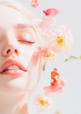 JPG 편집이미지 여자 꽃잎 꽃 감정 얼굴 분홍색 자연 빛 흰색 뷰티풀 의료성형뷰티 편집실사 AI포토 AI콘텐츠 식물 컬러 사람 신체부위 CG 생태계 파일형식