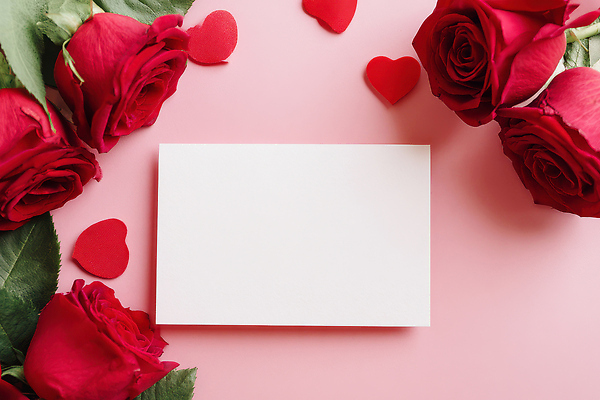 JPG 편집이미지 꽃 종이 표시 발렌타인데이 선물 사랑 이벤트 장식 빨간색 장미 로맨틱 하트 축하 배열 심플 편집실사 AI포토 AI콘텐츠 모양 식물 감정 컬러 컨셉 데이이벤트 CG 파일형식