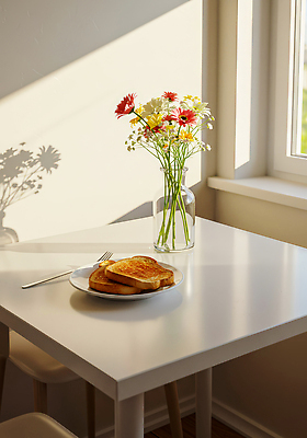 JPG 편집이미지 꽃 감정 음식 식탁 탁자 아침 유리병 요리 일상 햇빛 주방 방 아침식사 식빵 제빵 편집실사 AI포토 AI콘텐츠 주간 식물 빵 가구 병_용기 라이프 태양 제과제빵 식사 CG 파일형식